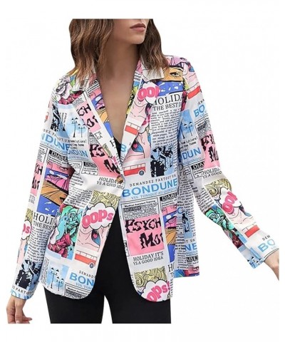$8.47 Women Open Front Blazer Casual Long Sleeve One Button Newspaper Pop Art Print V Neck Suit Jacket Fashion Streetwear Mul...