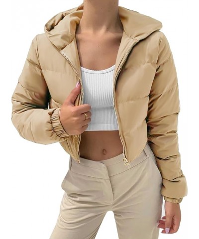 $20.70 Women's Cropped Puffer Jacket Winter Warm Hooded Quilted Jackets Short Bubble Coat Outerwear Lightkhaki Jackets